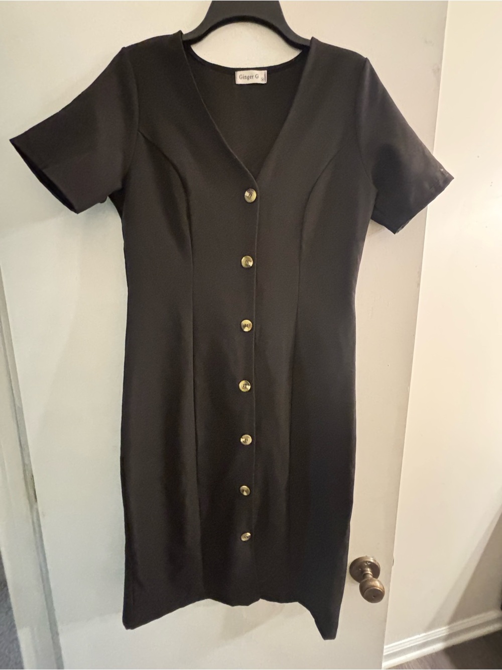Ginger G Black V-Neck Midi Dress with Wood tone Buttons